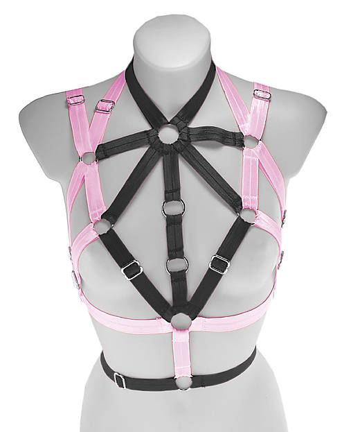 Spodná bielizeň - Women harness cage, dámský postroj růžovo čierný top dámská bielizeň otvorená lingerie burlesque festival outfit - 18585821_
