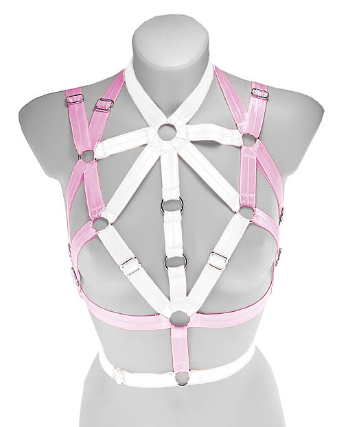 Spodná bielizeň - Women harness cage, dámský postroj růžovo bielý top dámská bielizeň otvorená lingerie burlesque festival outfit - 18585901_