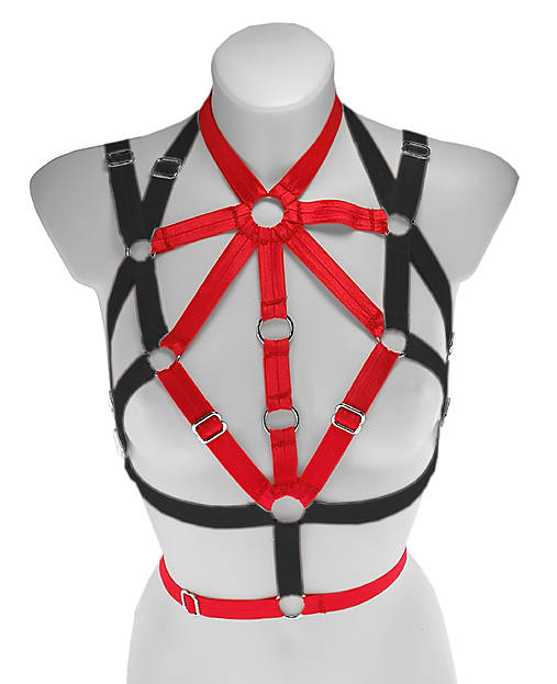Spodná bielizeň - Women harness cage, dámský postroj červeno čierný top dámská bielizeň otvorená lingerie burlesque festival outfit - 18585927_