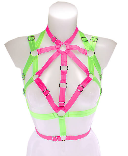 Spodná bielizeň - Women harness cage, dámský postroj neonový růžový zelený top, bielizeň otvorená lingerie burlesque festival outfit - 18585987_