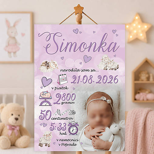 Tabuľky - Tabuľka pre bábätko s údajmi o narodení, fialová s ovečkami - 18587513_