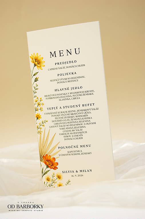 Trojstranné svadobné menu s nápojovým lístkom a harmonogramom