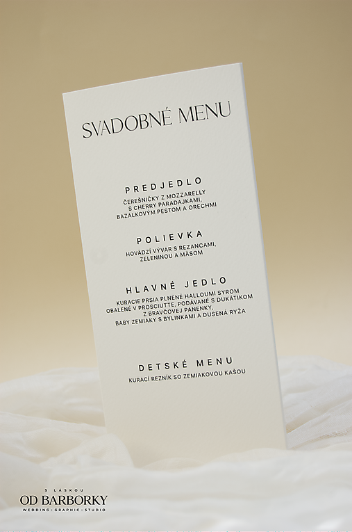 Trojstranné svadobné menu s číslom stola a poďakovaním hosťom
