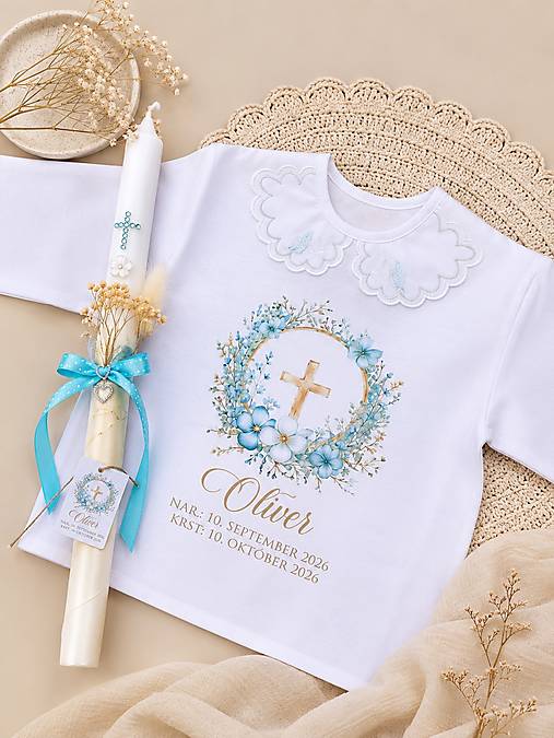 Detské oblečenie - Set košieľka na krst s kvetinami a krížikom + sviečka - 18598886_