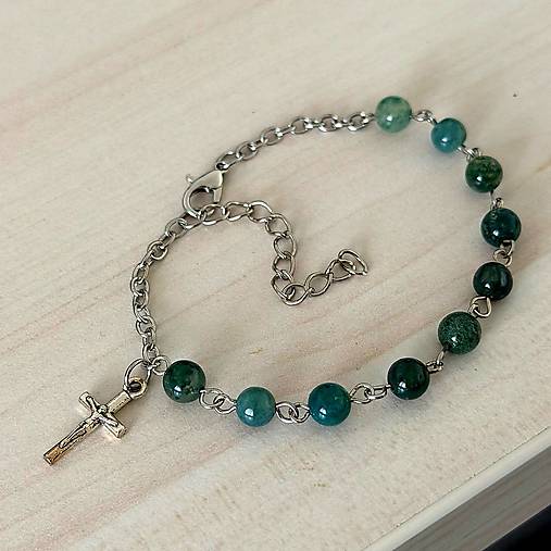 Náramky - Moss Agate Rosary Bracelet / Ruženec do auta alebo náramok s machovým achátom E015 - 18605311_