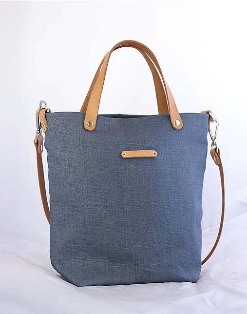 Oceľovomodrá ľanová crossbody kabelka s koženým remienkom (31x30cm)