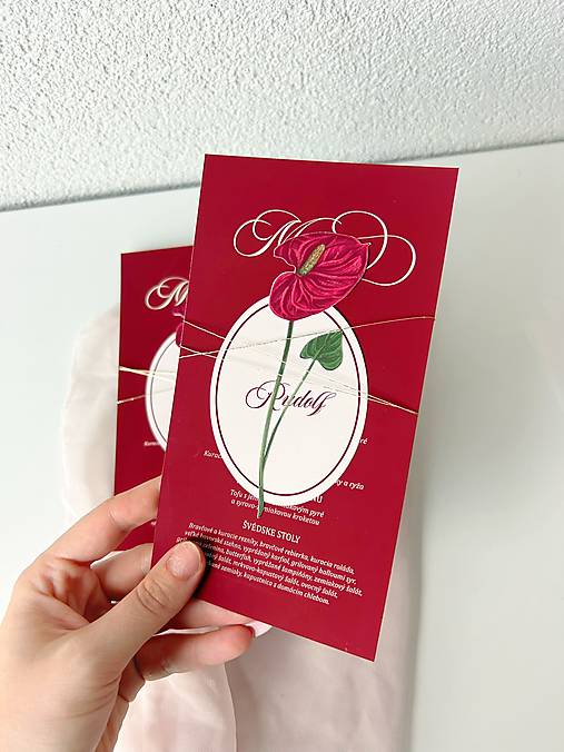 Papiernictvo - Burgundy svadobné menu s menovkou a kvetom 50 - 18621363_